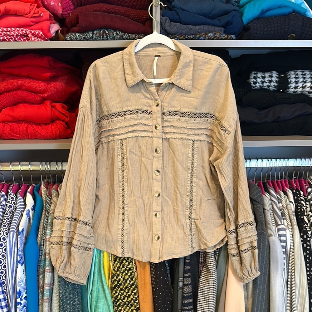 Free People tan long sleeve button down gauzy shirt size M